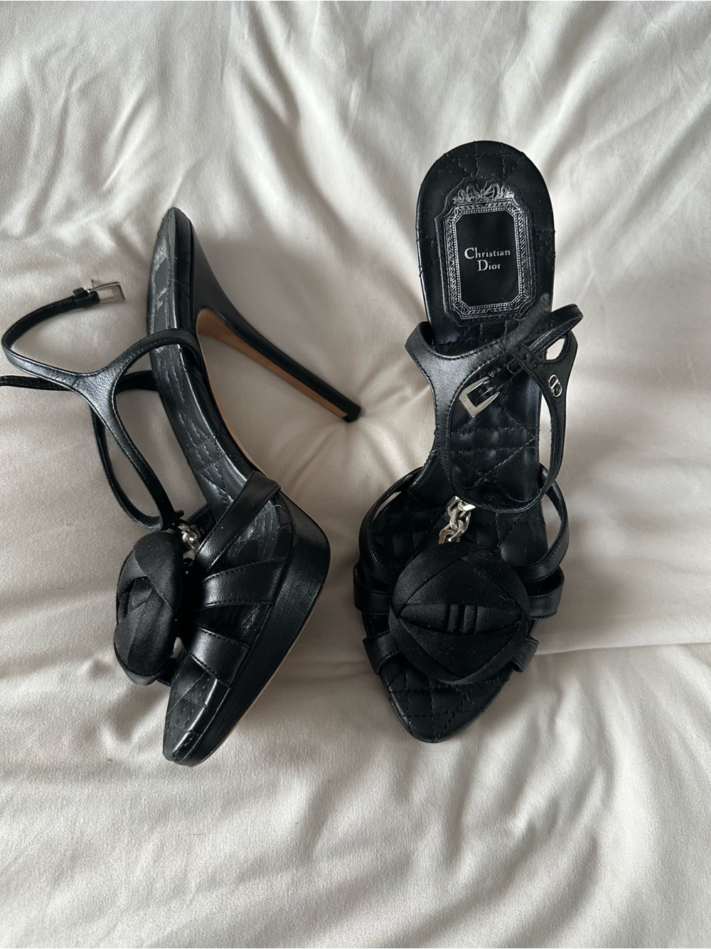 Dior Black Satin & Leather Stiletto Sandals with Floral Accent